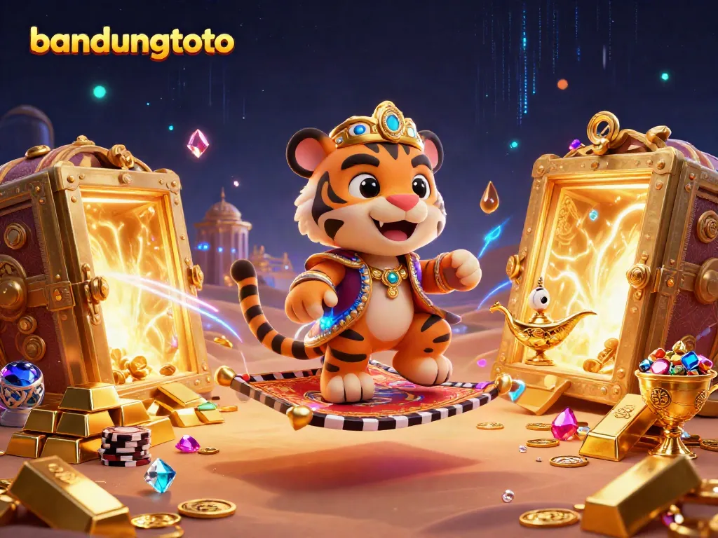 Experience bandungtoto with a 3D illustration of a tiger sultan on a poker chips carpet amidst treasures and magic.