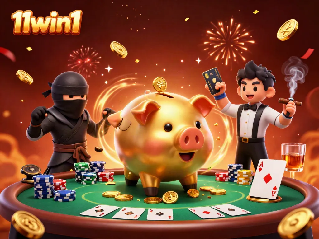 Experience thrilling action with 11win1 as the golden piggy bank sumo wrestler shakes golden coins while engaging in poker gaming.