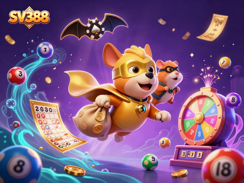 Engage with SV388's exciting gaming features illustrated by a superhero dog and hamster bringing luck!