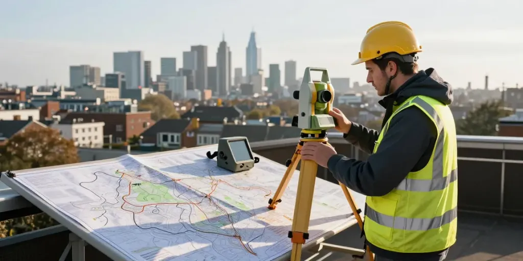 Measured Building Survey Surrey in action, showcasing a surveyor using advanced equipment in an urban setting.
