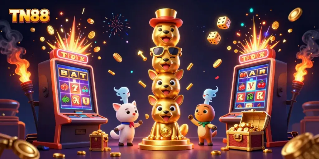 Experience vibrant TN88 casino excitement with animated totem and jackpot symbols bursting in a colorful scene.