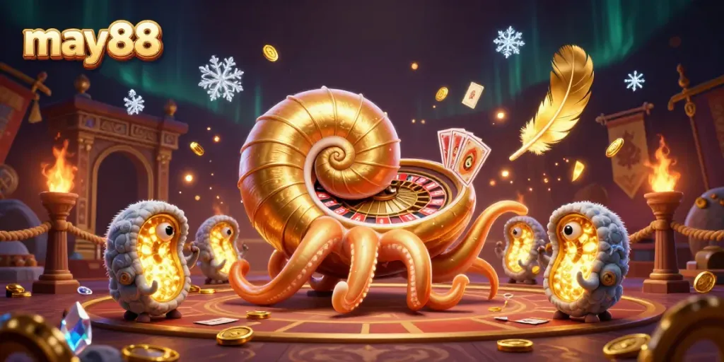 Experience thrilling gaming at may88 with a vibrant scene featuring ancient nautilus and glowing ammonites.