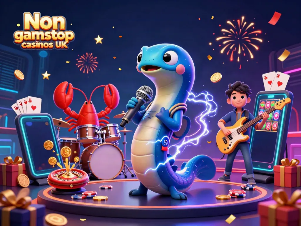 Experience the thrill at Non gamstop casinos UK with a vibrant underwater casino scene featuring a DJ electric eel and musicians.