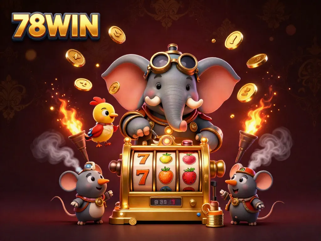 Engage with the vibrant gaming world of 78WIN, featuring a steampunk elephant operating a golden slot machine.