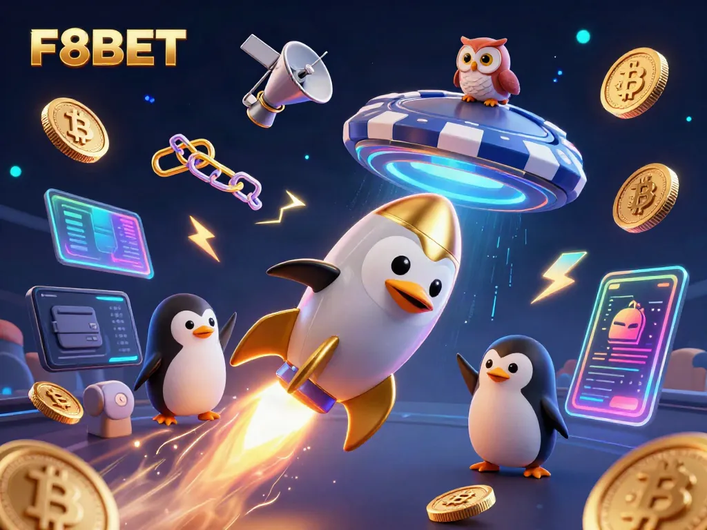 Experience thrilling gameplay with F8BET, represented by a golden penguin launching towards a casino in space.