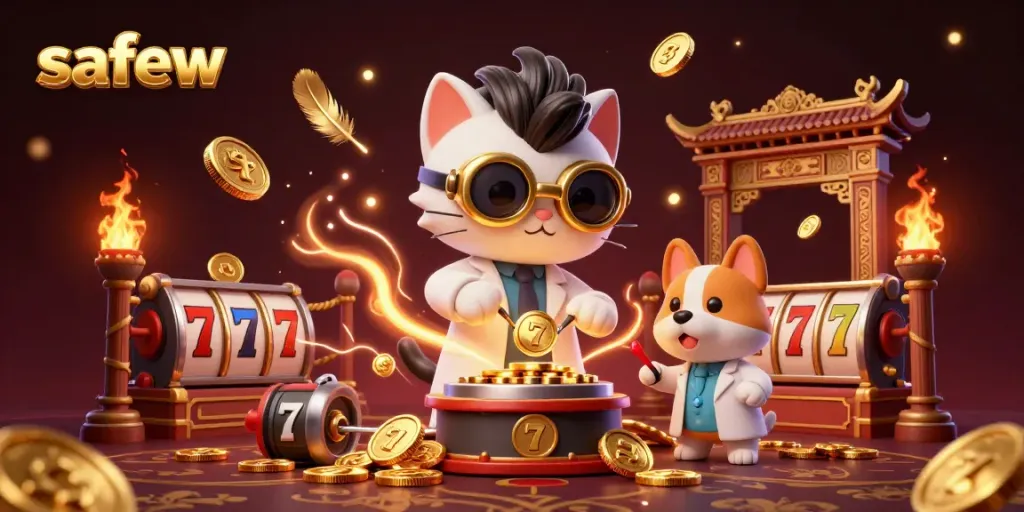 Engage in gambling excitement with safew's 3D illustration of a mad scientist cat producing gold coins in a dynamic casino environment.