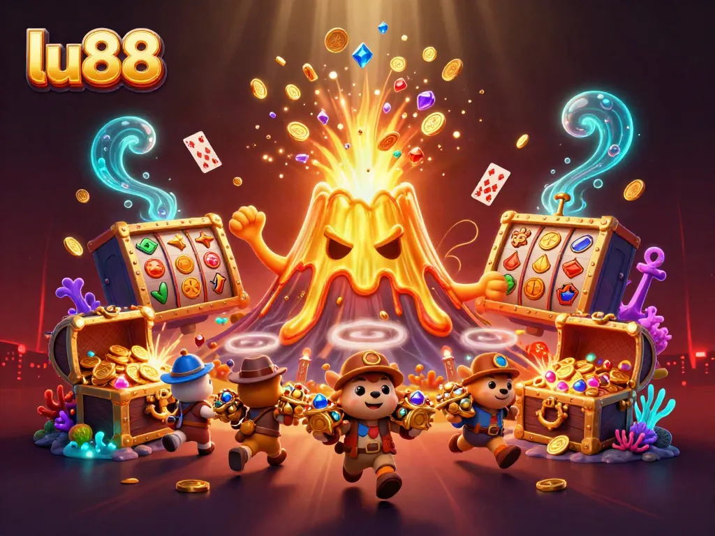 Join lu88 in a vibrant casino adventure with a golden volcano erupting treasure, slot reels, and lively characters.