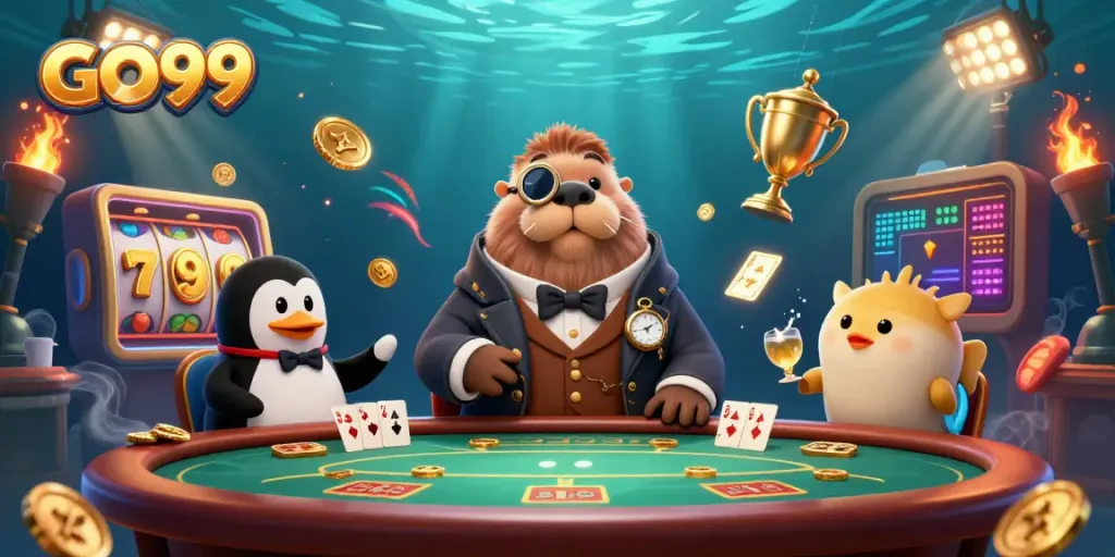 GO99's vibrant underwater poker scene, featuring a walrus, penguin dealer, and bluffing pufferfish.