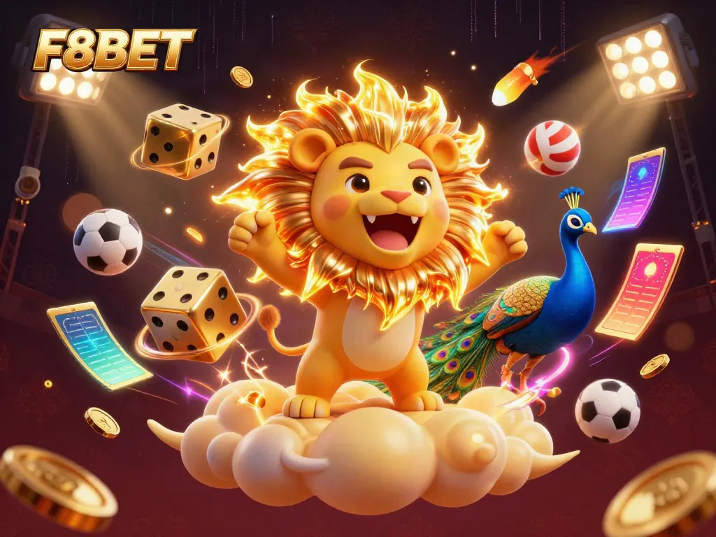 Engage with F8BET's luxurious online casino experience through a vibrant 3D illustration of a roaring lion and dynamic sports elements.