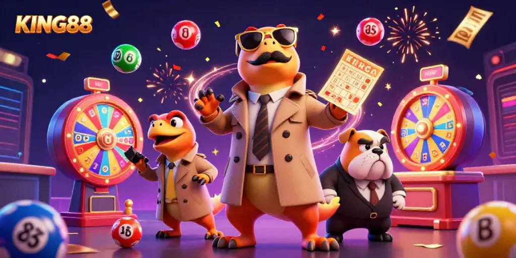 Engage with KING88's vibrant 3D illustration showcasing cartoon raptors hilariously trying to enter a casino, filled with lottery excitement.