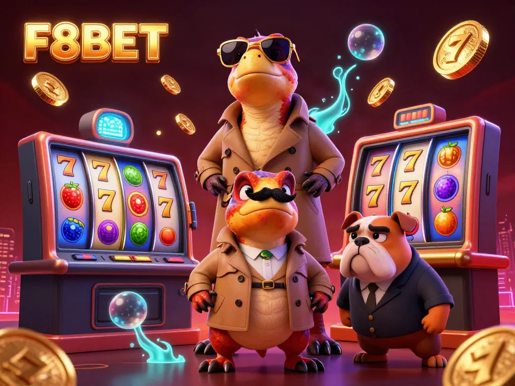 F8BET raptors enter VIP casino lounge with exciting slot reels and glowing atmosphere.