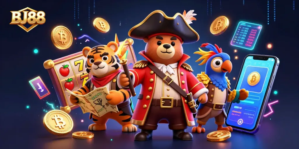 Engage with BJ88's exciting slots and gaming experience in this dynamic scene featuring colorful characters.