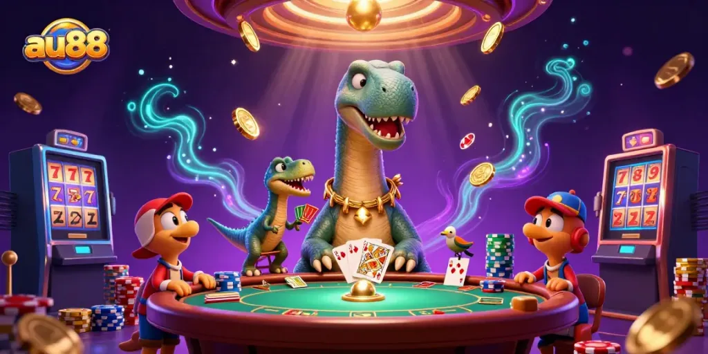 Experience the excitement of au88 with a towering brontosaurus overlooking a vibrant casino scene.