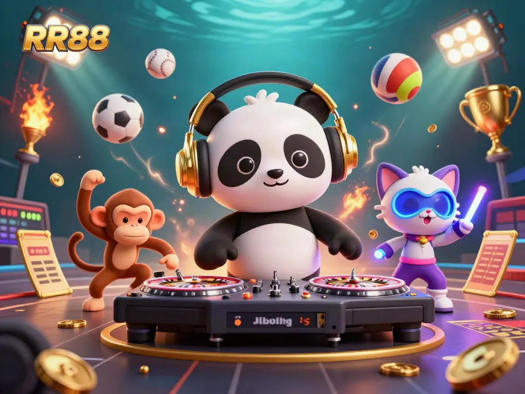 RR88's lively scene showcases a DJ panda, a dancing monkey, and a glow-stick kitten in a vibrant casino themed environment.