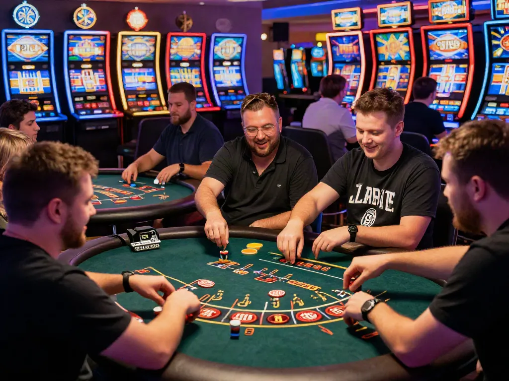 Engaged players at a 9bet casino celebrating wins in a vibrant gaming atmosphere.