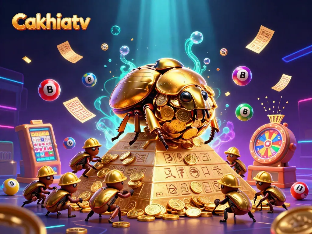 Engage with Cakhiatv's vibrant gaming scene featuring golden beetles, coins, and lottery elements.