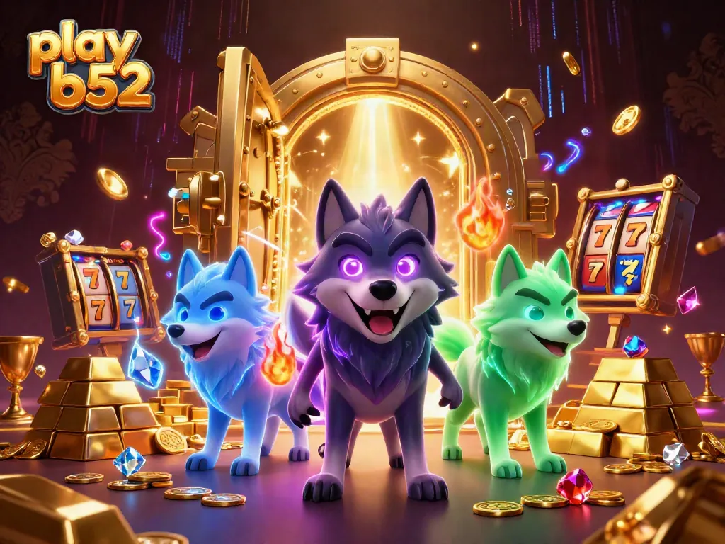 Spin the reels and win big with play b52, featuring vibrant wolves in a magical treasure scene.