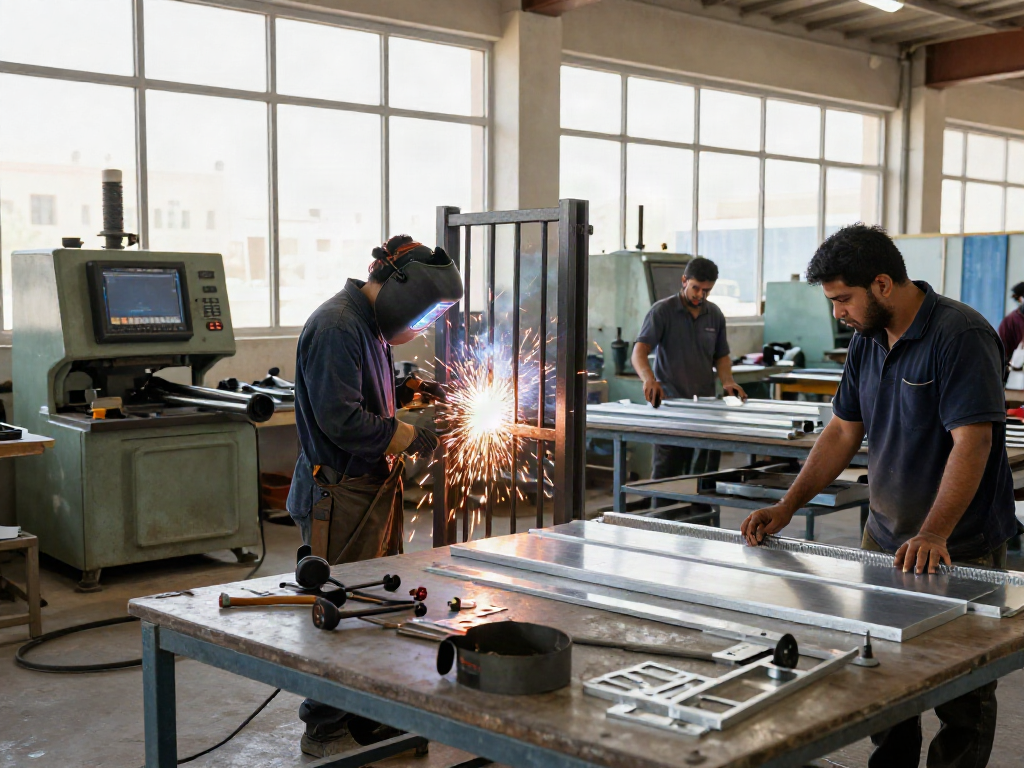 Metal fabrication workshop in Fujairah with craftsmen welding gates, showcasing teamwork and industrial tools.