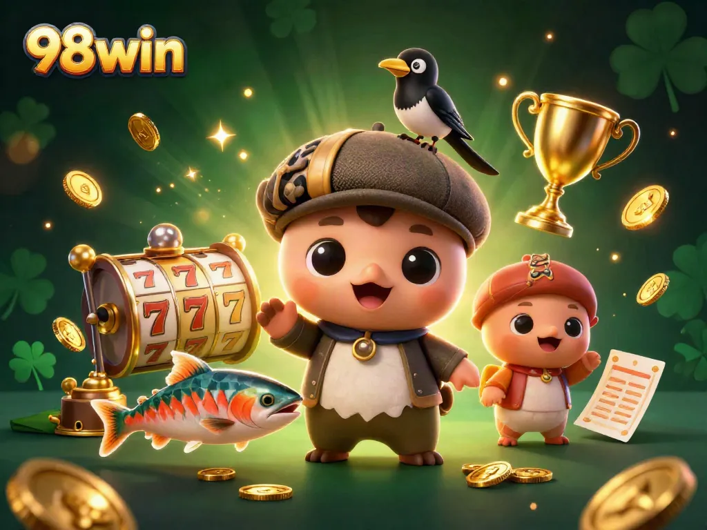 Engage in thrilling 98win gaming with a colorful, action-packed casino scene illustrated in vibrant 3D.