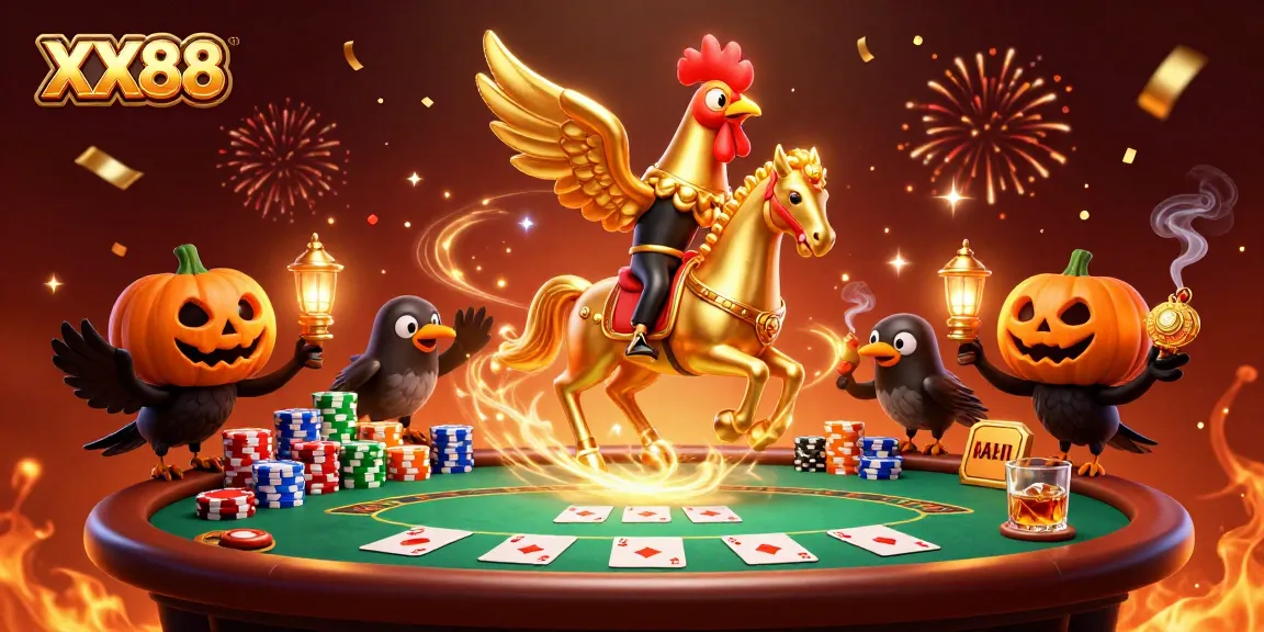 Experience the dynamic casino scene at XX88 with a golden rooster and crow companions in action.