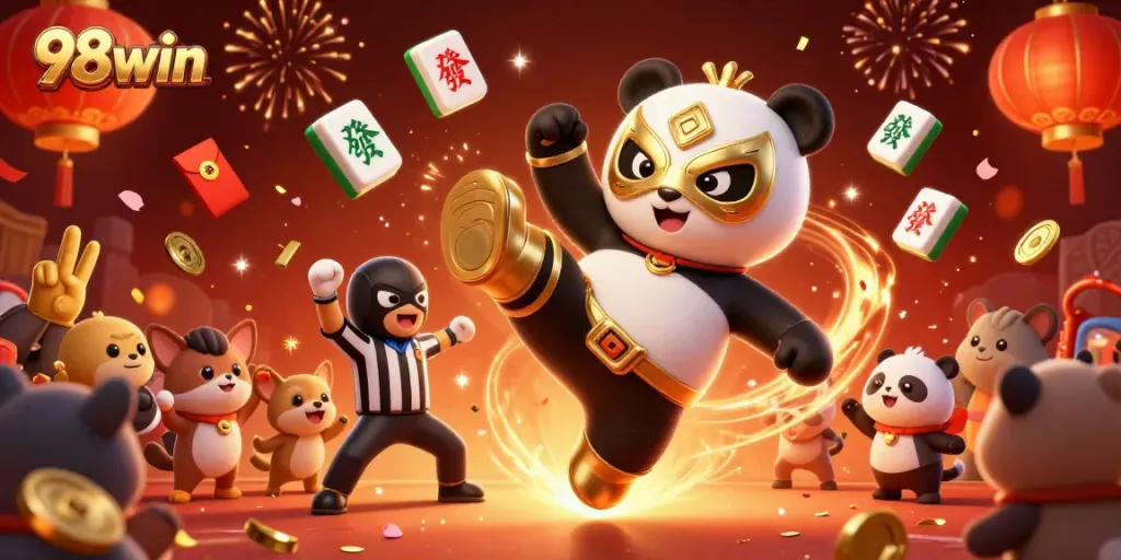 Experience the excitement of 98win as a panda wrestler kicks off the action in this vibrant casino scene.