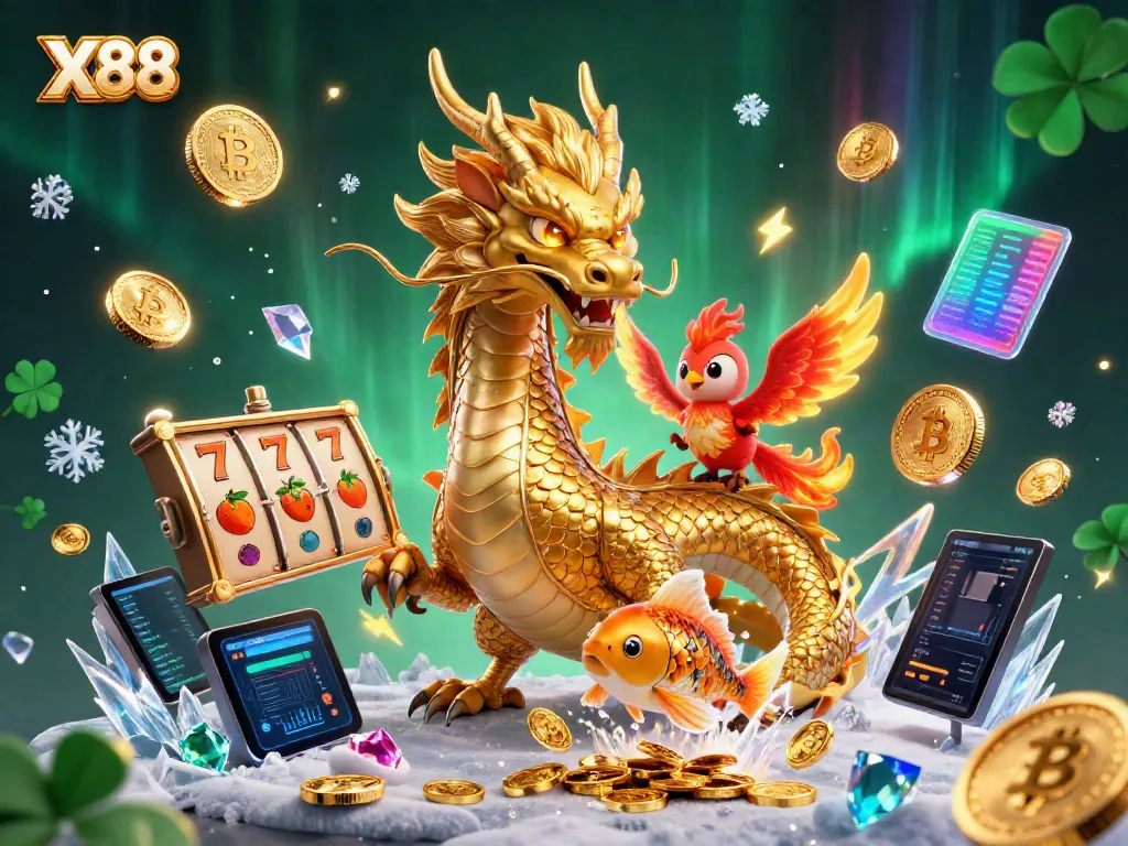Experience thrilling gaming with X88's dynamic 3D casino illustration featuring a dragon and phoenix.
