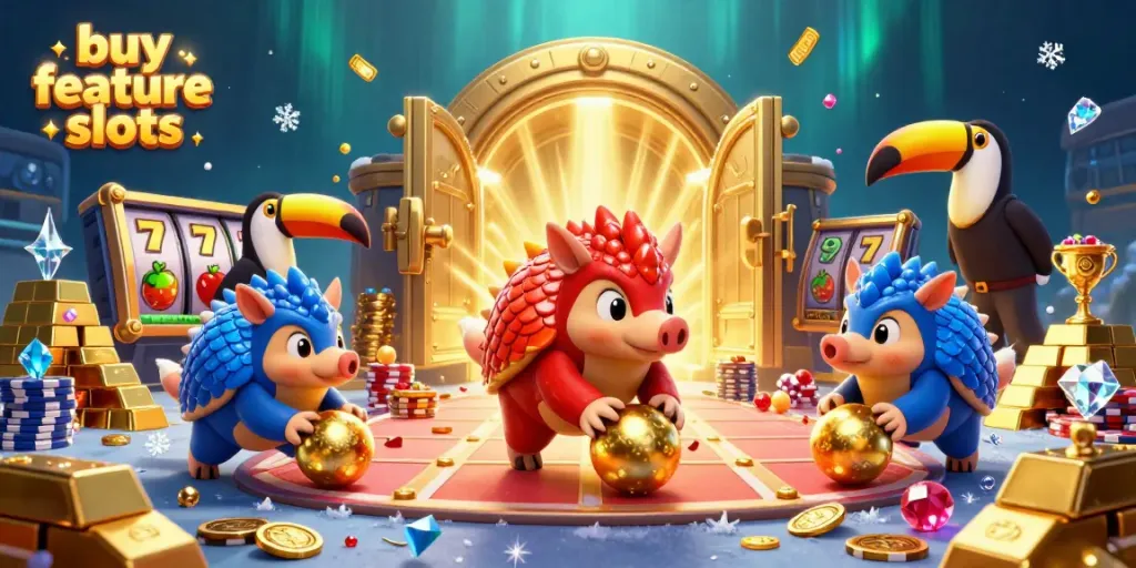 Experience thrilling buy feature slots with dynamic pangolins engaged in lively casino action.