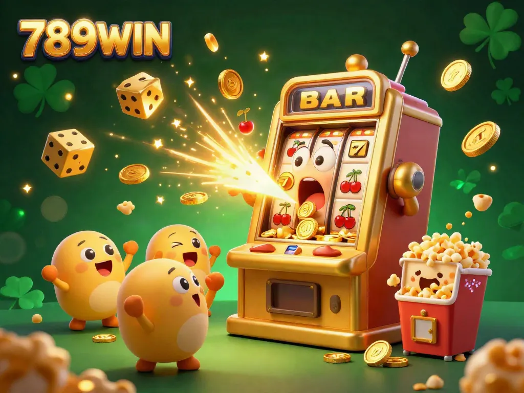 Experience the excitement of 789WIN with a dynamic 3D illustration of a joyful slot machine celebrating a jackpot.