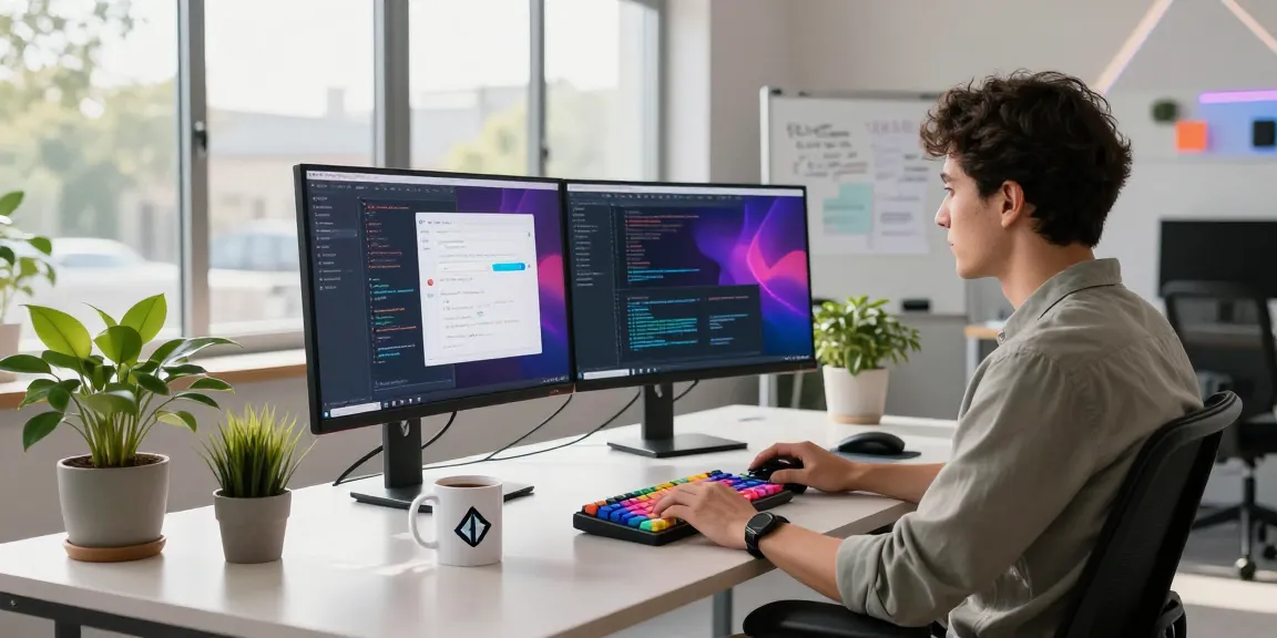 Professional workspace with dual monitors displaying hot ai software, engaging designer in modern tech environment.