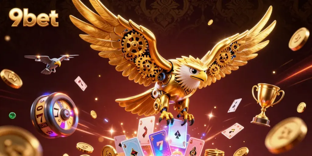 Experience thrilling excitement with 9bet's golden eagle soaring through a digital casino scene.