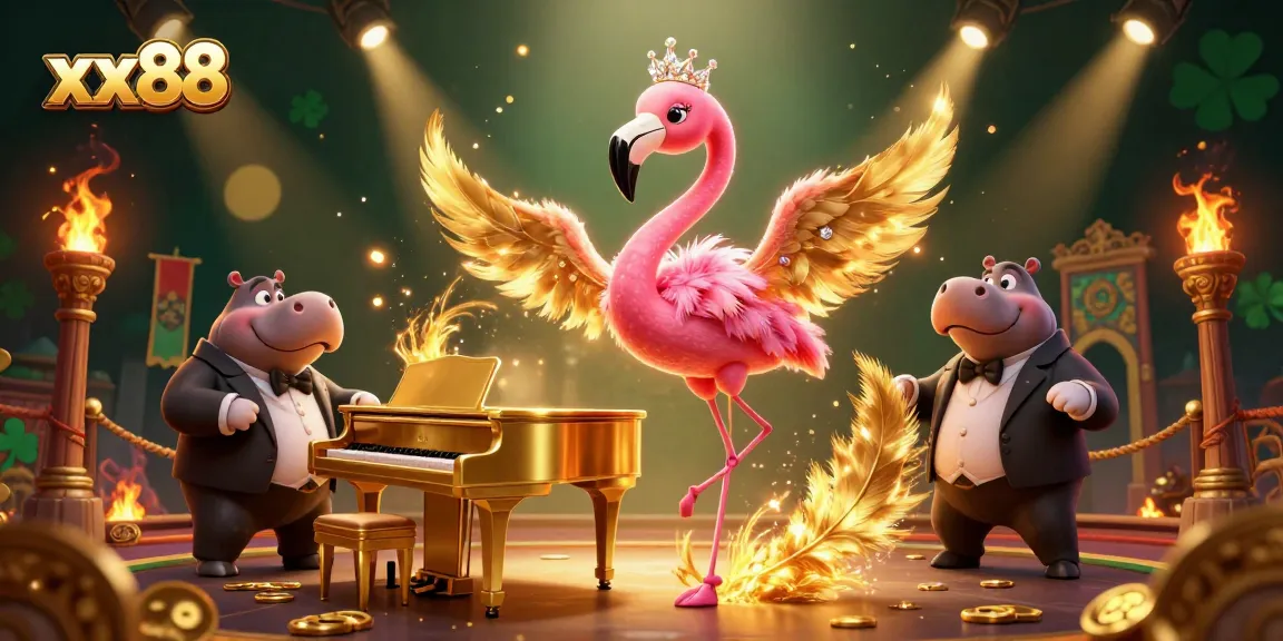 Engaging scene of xx88 with a flamingo singer and hippo bassist in a vibrant casino atmosphere.