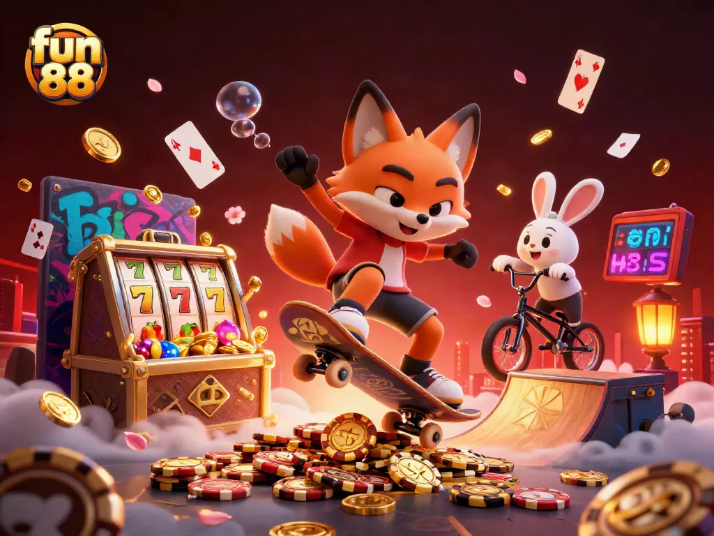 Join the excitement of fun 88 with a skateboarder fox and BMX rabbit in a dynamic casino scene