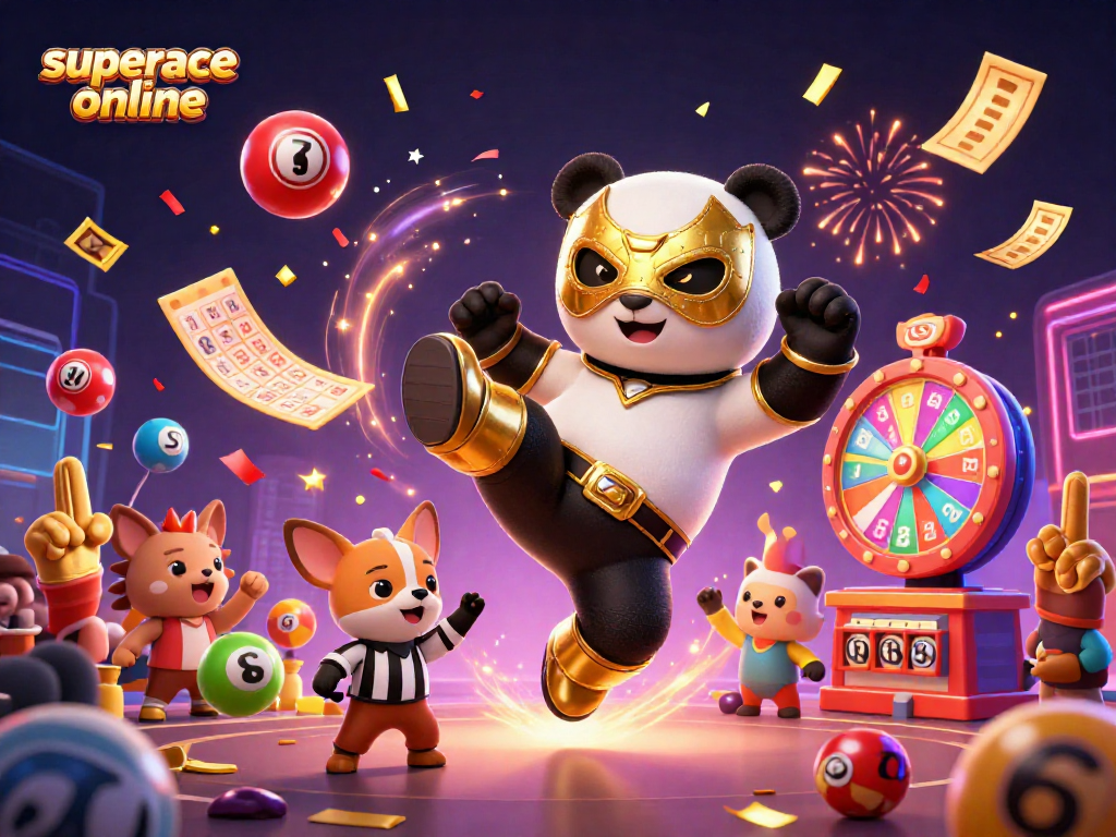 Experience the excitement of superace online with a vibrant 3D illustration featuring animals celebrating a jackpot.