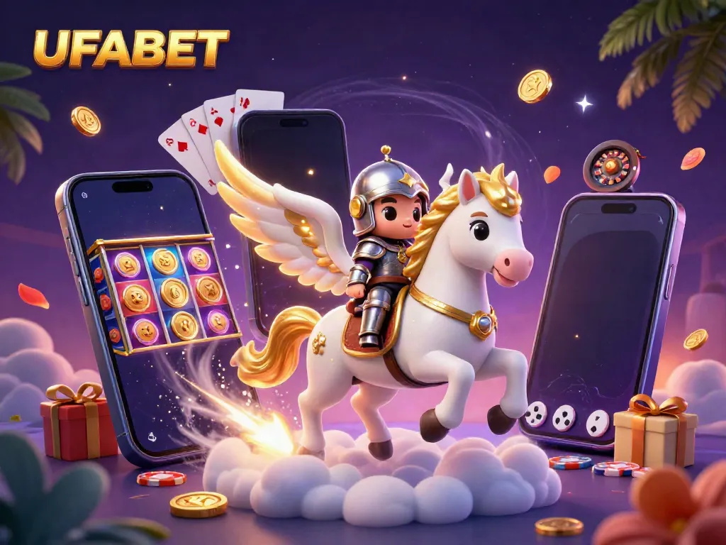 Watch UFABET's celestial horse racing through the clouds, showcasing vibrant gaming elements.