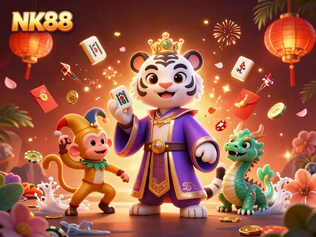Experience the thrill of NK88 with a lively casino illustration featuring vibrant characters and gaming elements.