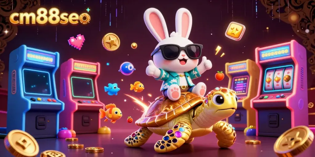 Play thrilling games at cm88seo with a fun rabbit and gold turtle in a vibrant arcade scene.