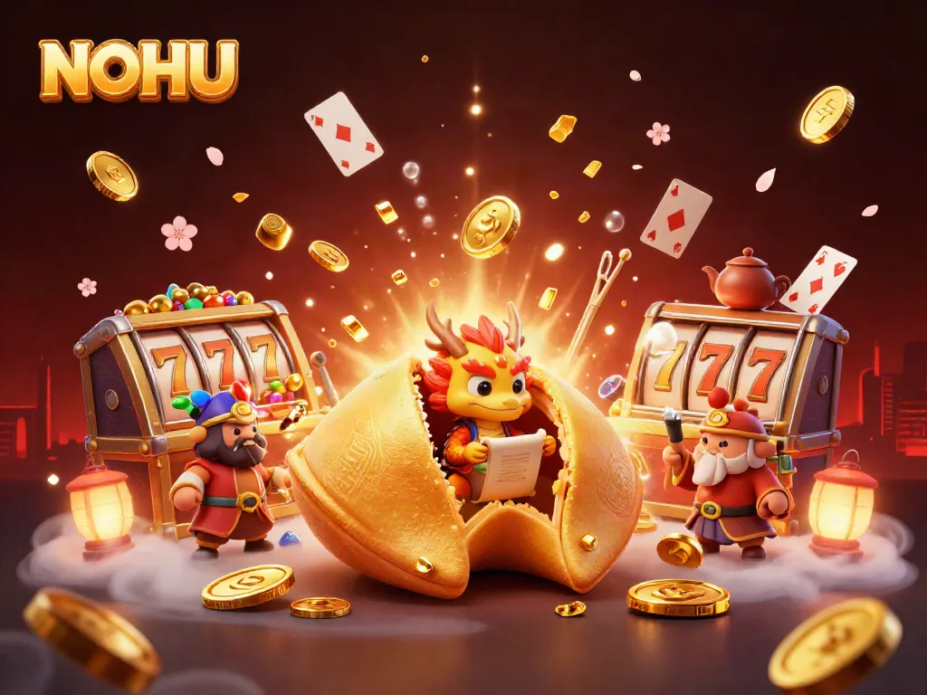 Engaging illustration of NOHU showcasing a giant fortune cookie and wise dragon amidst casino-themed elements like slots and gold coins.