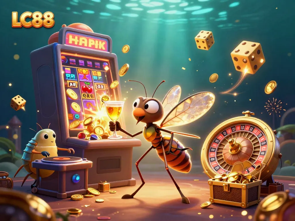 Engage with LC88's casino world featuring vibrant characters, slot machines, and roulette in action.