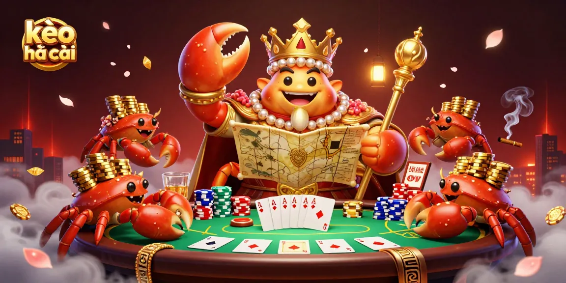 Kèo nhà cái showcases a vibrant poker scene with a giant crab emperor surrounded by chip-carrying hermit crabs.