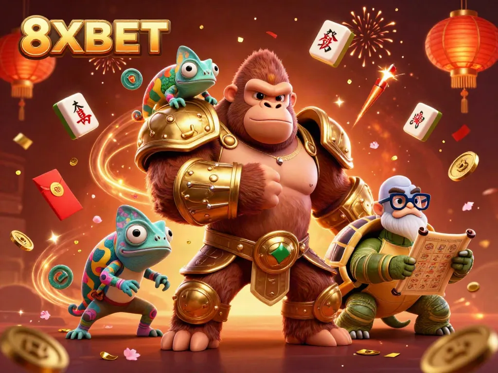 Experience thrilling gameplay with 8XBET's vibrant casino scene featuring a gorilla king and rich gaming elements.