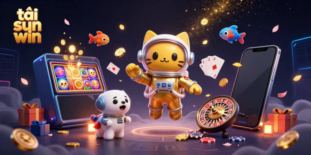 Play exciting games with tải sun win as a cartoon cat astronaut and robotic companion explore an interstellar casino.