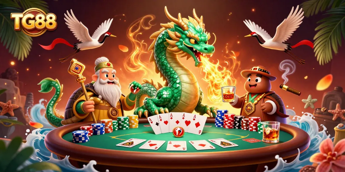 Engage with TG88 in a vibrant casino scene featuring a dragon, turtle sage, and poker elements.