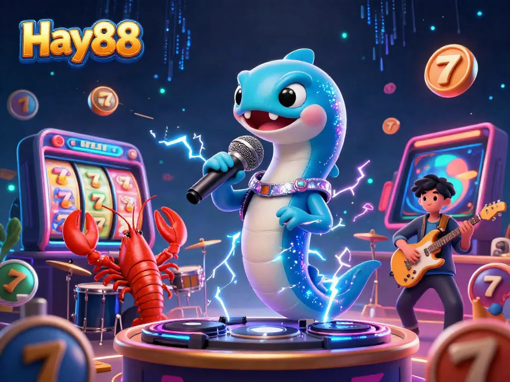 Experience Hay88 with a vibrant underwater casino scene featuring an electrifying eel DJ.