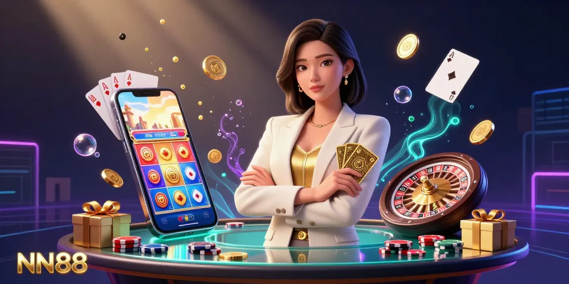 Experience NN88's thrilling casino action with an elegant Asian woman showcasing golden playing cards amidst vibrant games.