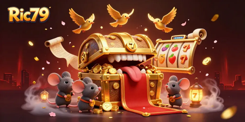 Engaging action in Ric79 as adventurous mice approach a treasure chest in a vibrant casino scene.
