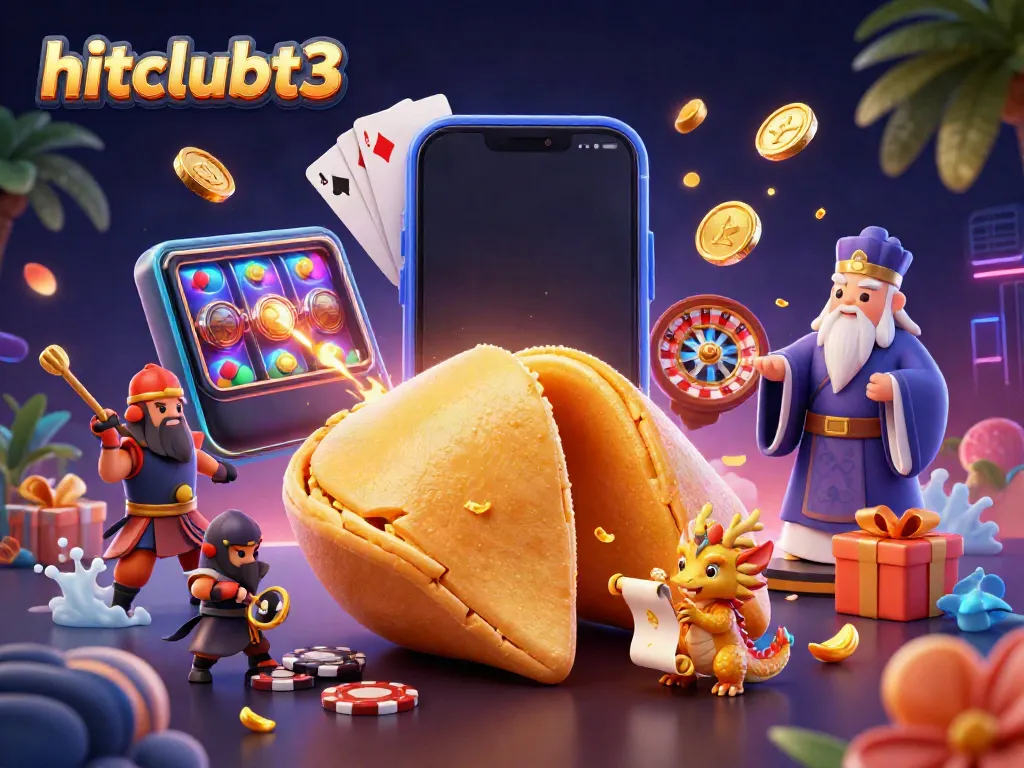 Engage in thrilling gameplay at hitclubt3 with a vibrant dynamic 3D illustration of a golden fortune cookie adventure.