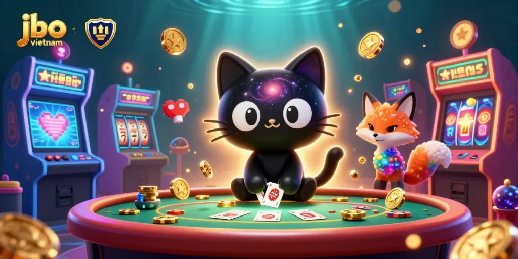 Engage in exciting games at jbo vietnam's cosmic casino featuring a black hole cat and vibrant elements.