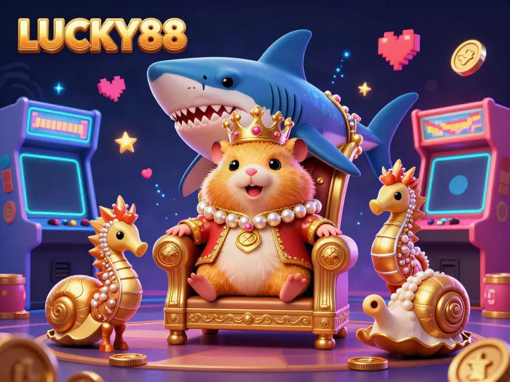 Experience LUCKY88 with a vibrant scene of a fierce hamster king amidst colorful gaming elements in a casino.