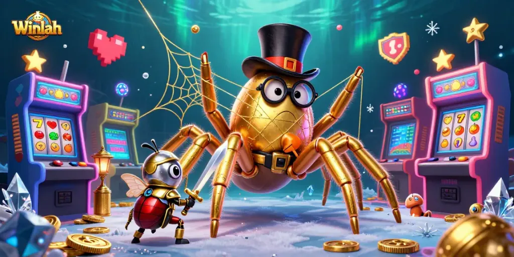 Engage with Winlah at this vibrant casino scene featuring unique characters and colorful game elements.