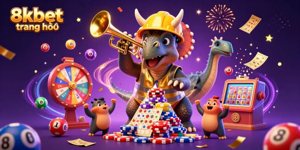 Celebrate wins at 8xbet trang chủ with dynamic scenes of joyful triceratops and colorful gaming elements.